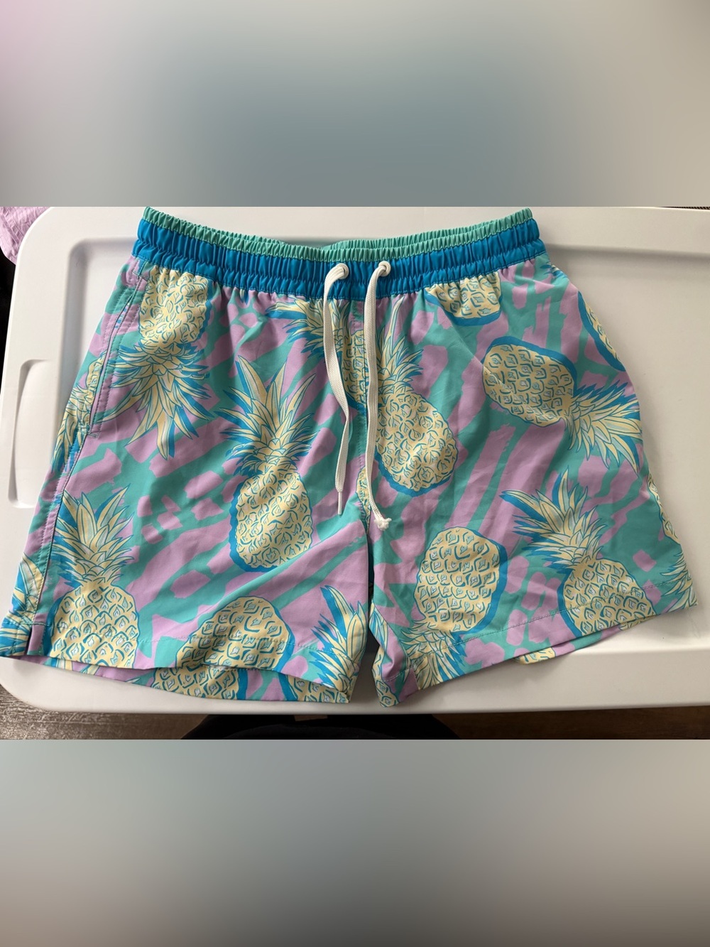 chubbies Pineapple Swim Trunks in Aqua & Lavender Mens Medium